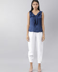 Rareism Women's Navi White Linen Plain Knee Length Regular Fit Trouser