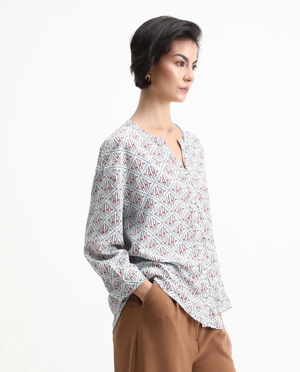 Rareism Women's Nector Blue Viscose Mandarin Collar Monogram Print Regular Fit Top