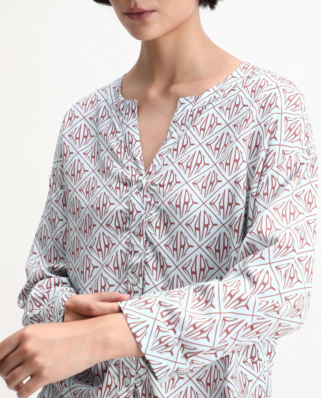 Rareism Women's Nector Blue Viscose Mandarin Collar Monogram Print Regular Fit Top