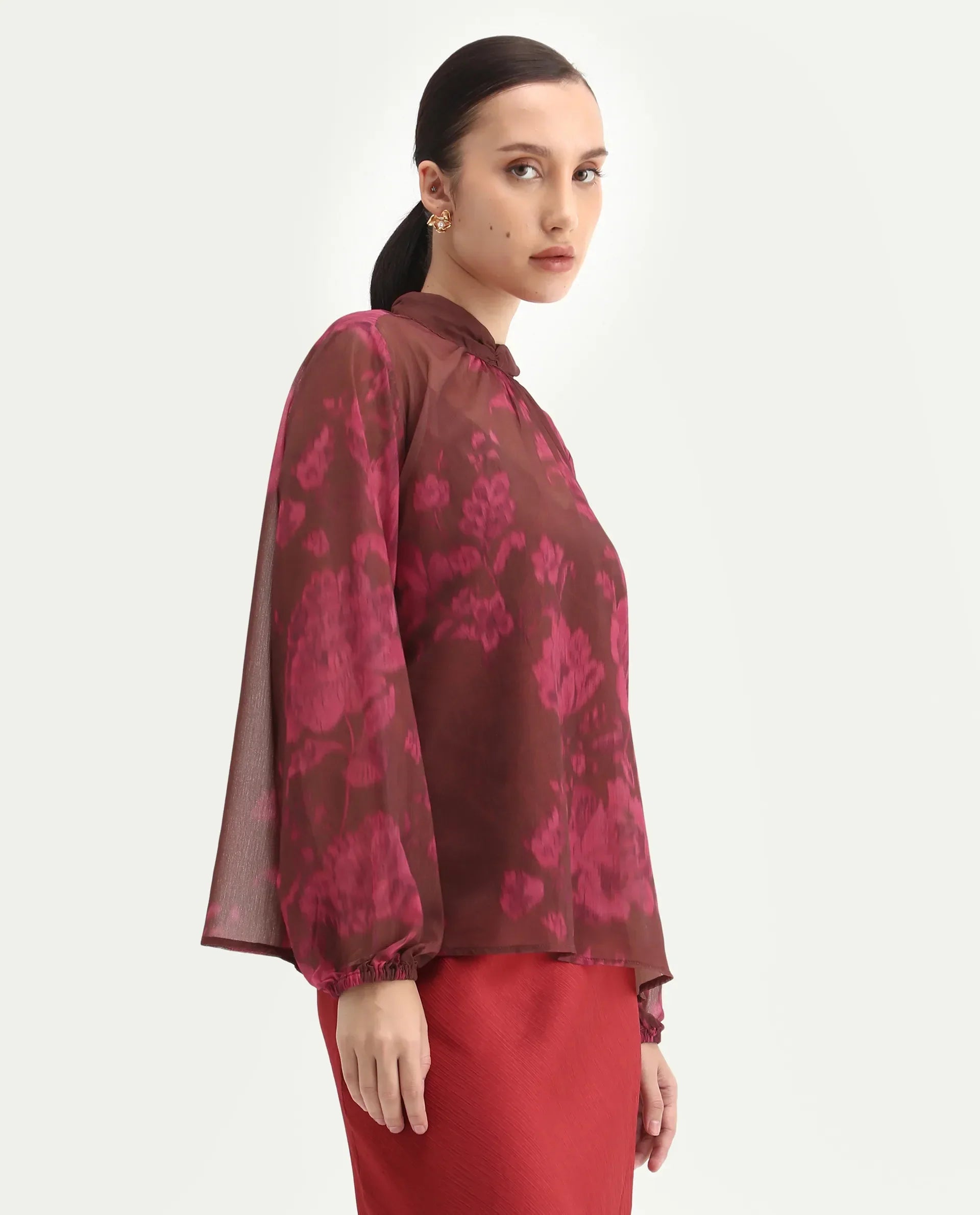 Rareism Women's Neho Brown Polyester Bishop Sleeve Band Collar Relaxed Fit Top