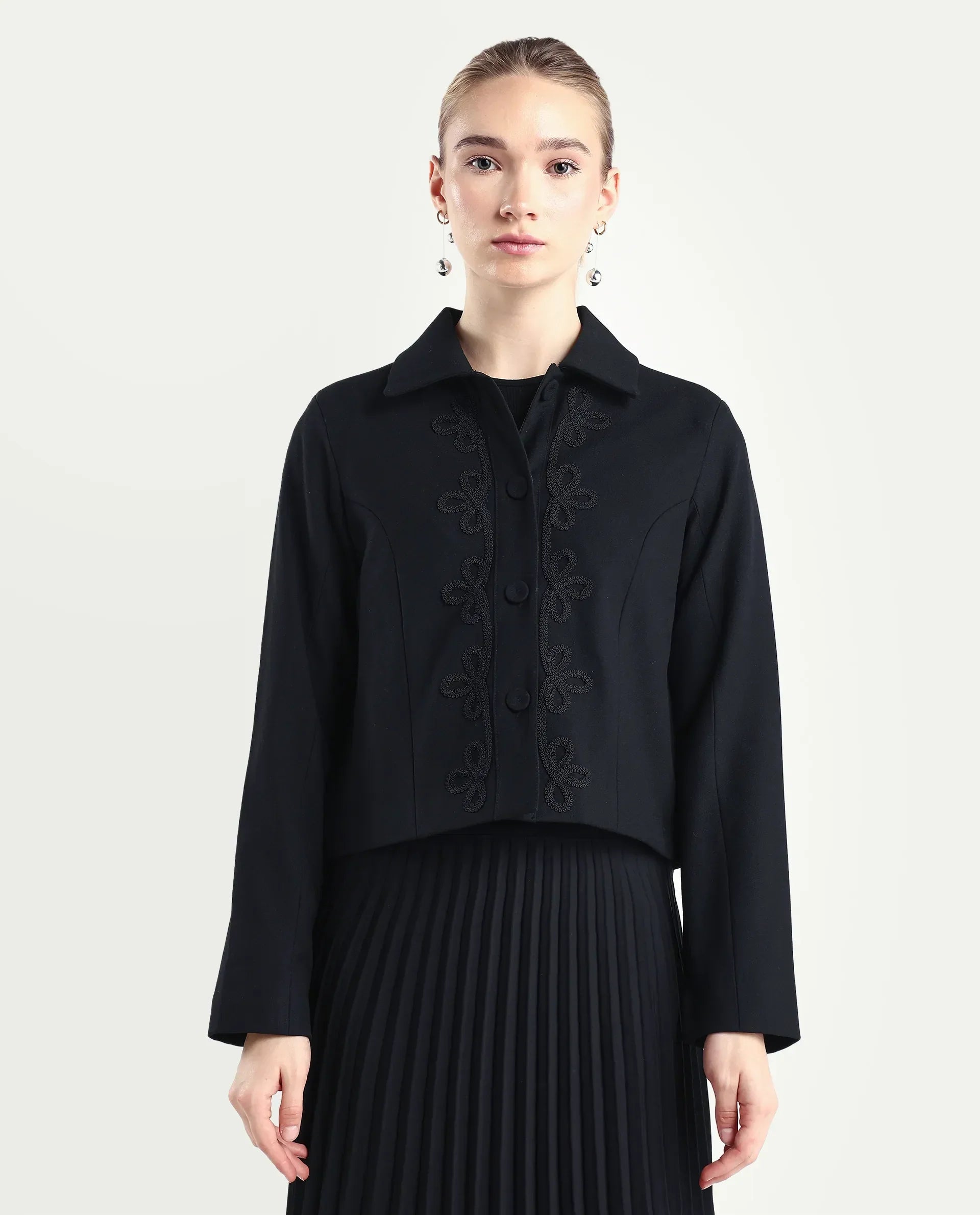 Rareism Women's Nemby Black Polyester Blend Collared Neck Slim Fit Plain Jacket