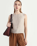 Rareism Women's Nenk Dark Beige 100% Linen Sleeveless Crew Neck Regular Fit Plain Top