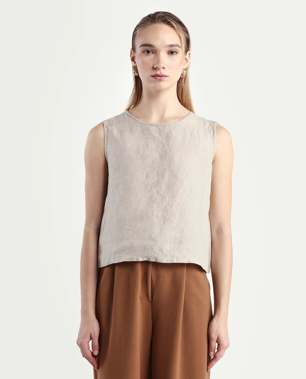 Rareism Women's Nenk Dark Beige 100% Linen Sleeveless Crew Neck Regular Fit Plain Top