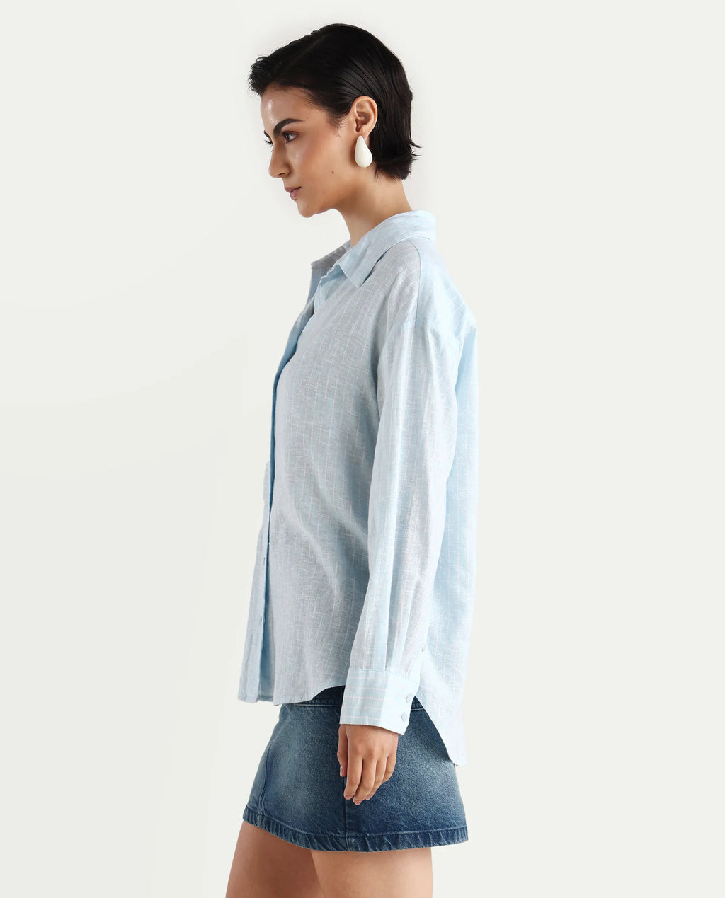 Rareism Women's Nenora Light Blue 100% Linen Spread Collar Boxy Fit Shirt