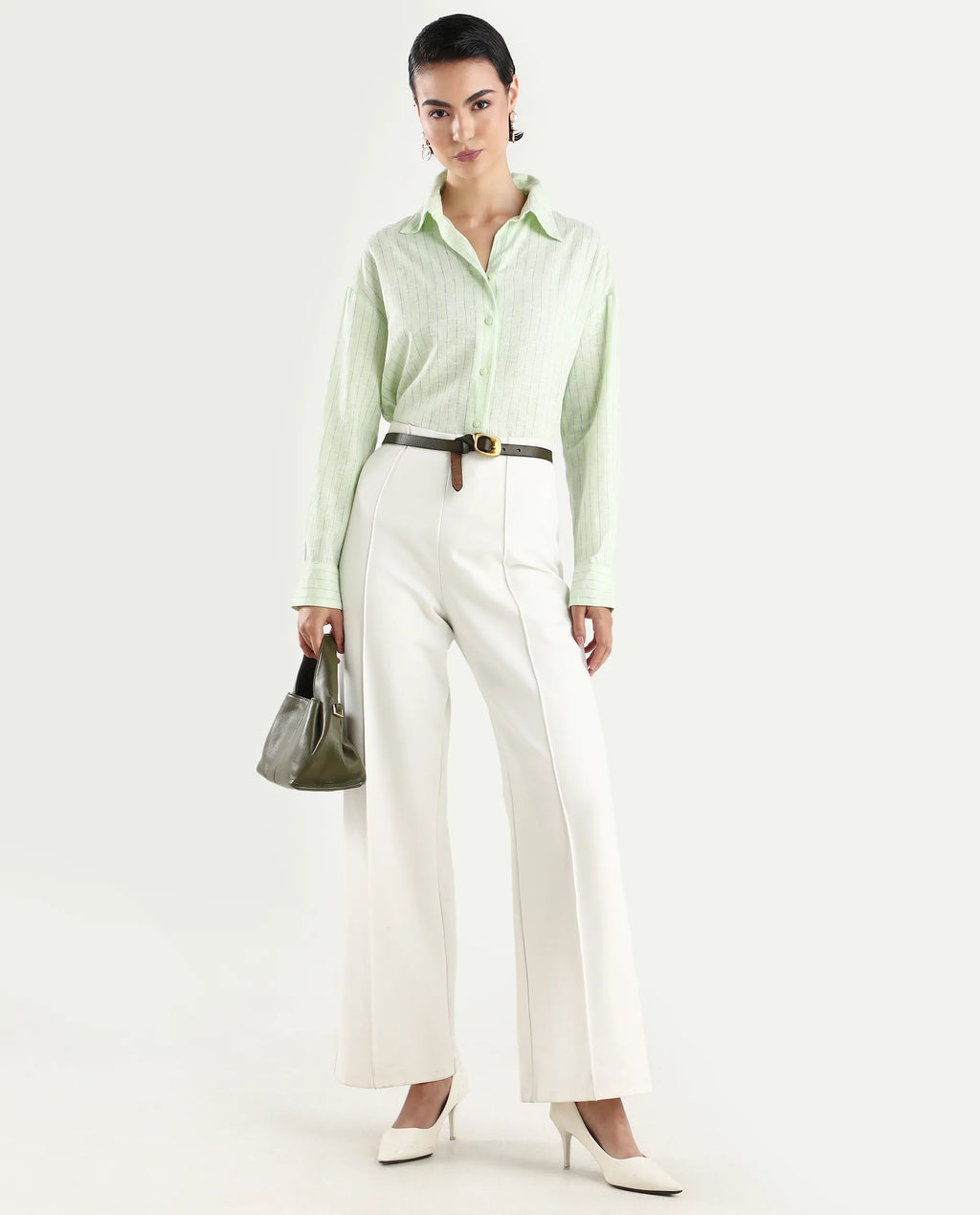 Rareism Women's Nenora Light Green 100% Linen Spread Collar Boxy Fit Shirt