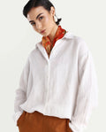Rareism Women's Nenorat White 100% Linen Spread Collar Boxy Fit Shirt
