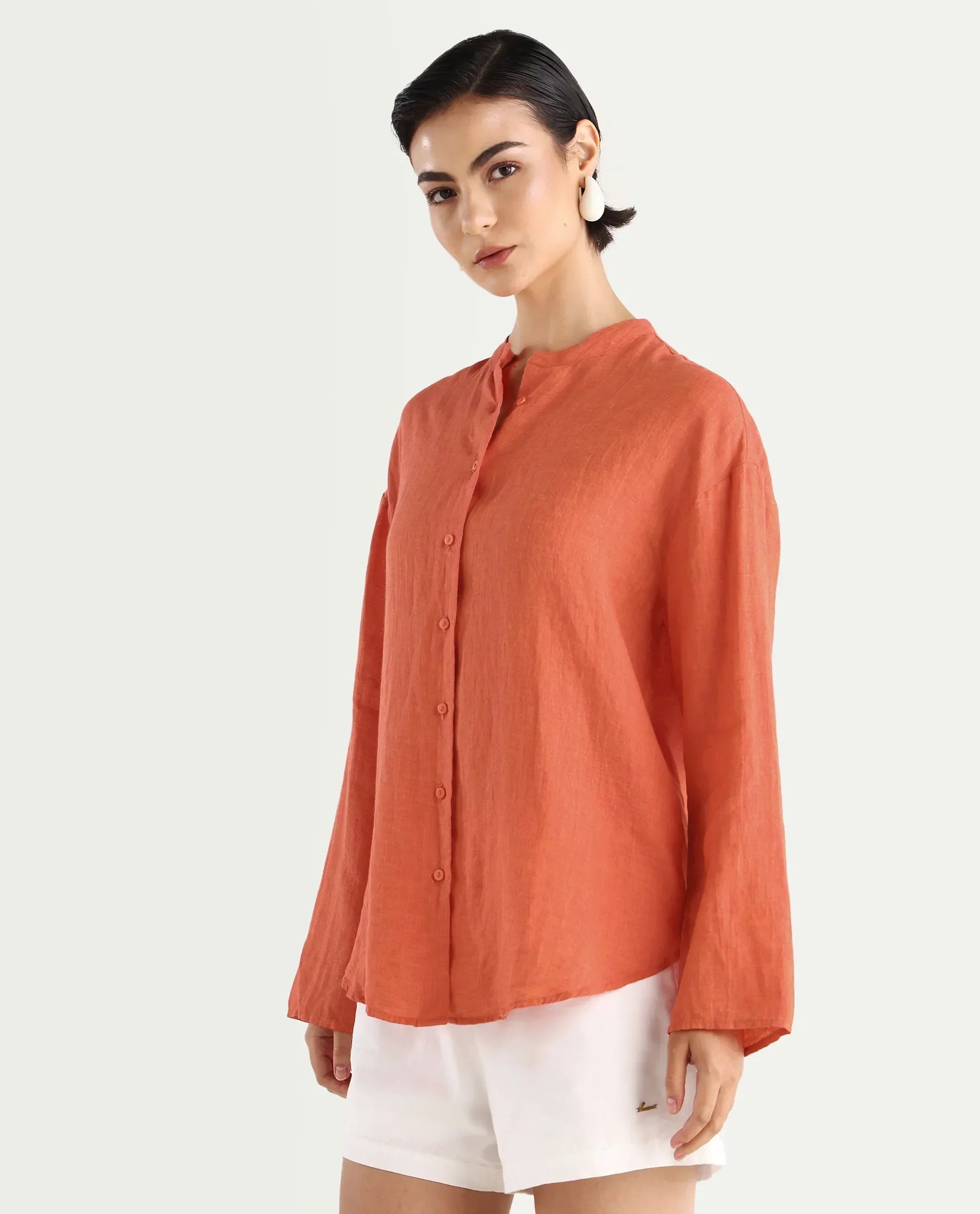 Rareism Women's Nent Orange 100% Linen Mandarin Collar Regular Fit Plain Top