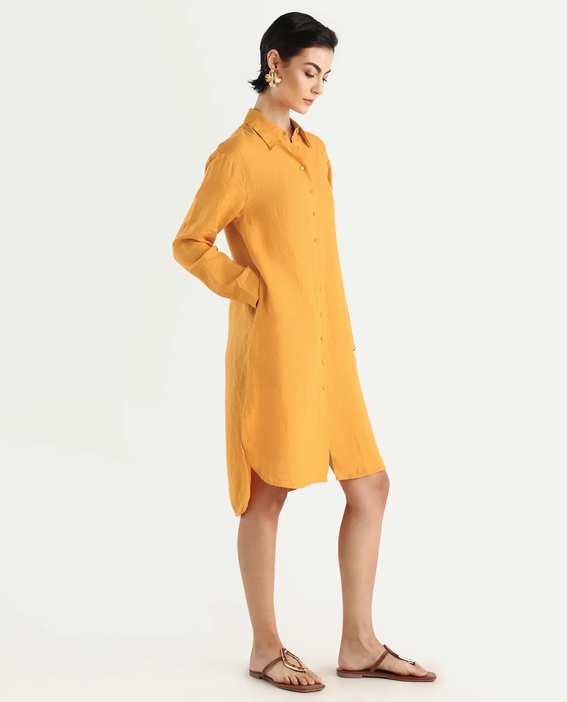 Rareism Women's Nentu Orange 100% Linen Cuffed Sleeve Spread Collar Relaxed Fit Plain Dress