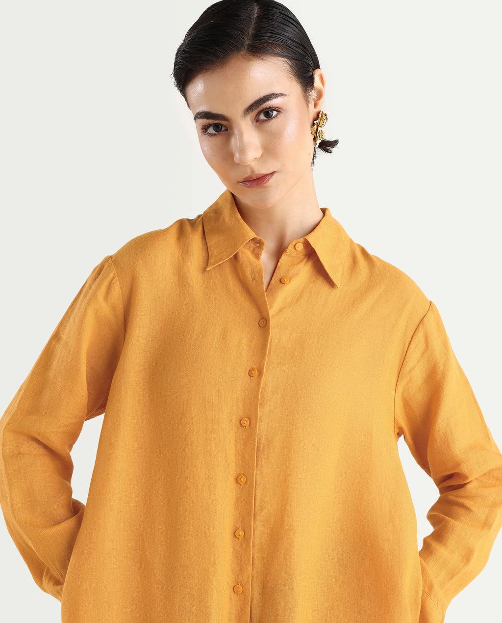 Rareism Women's Nentu Orange 100% Linen Cuffed Sleeve Spread Collar Relaxed Fit Plain Dress