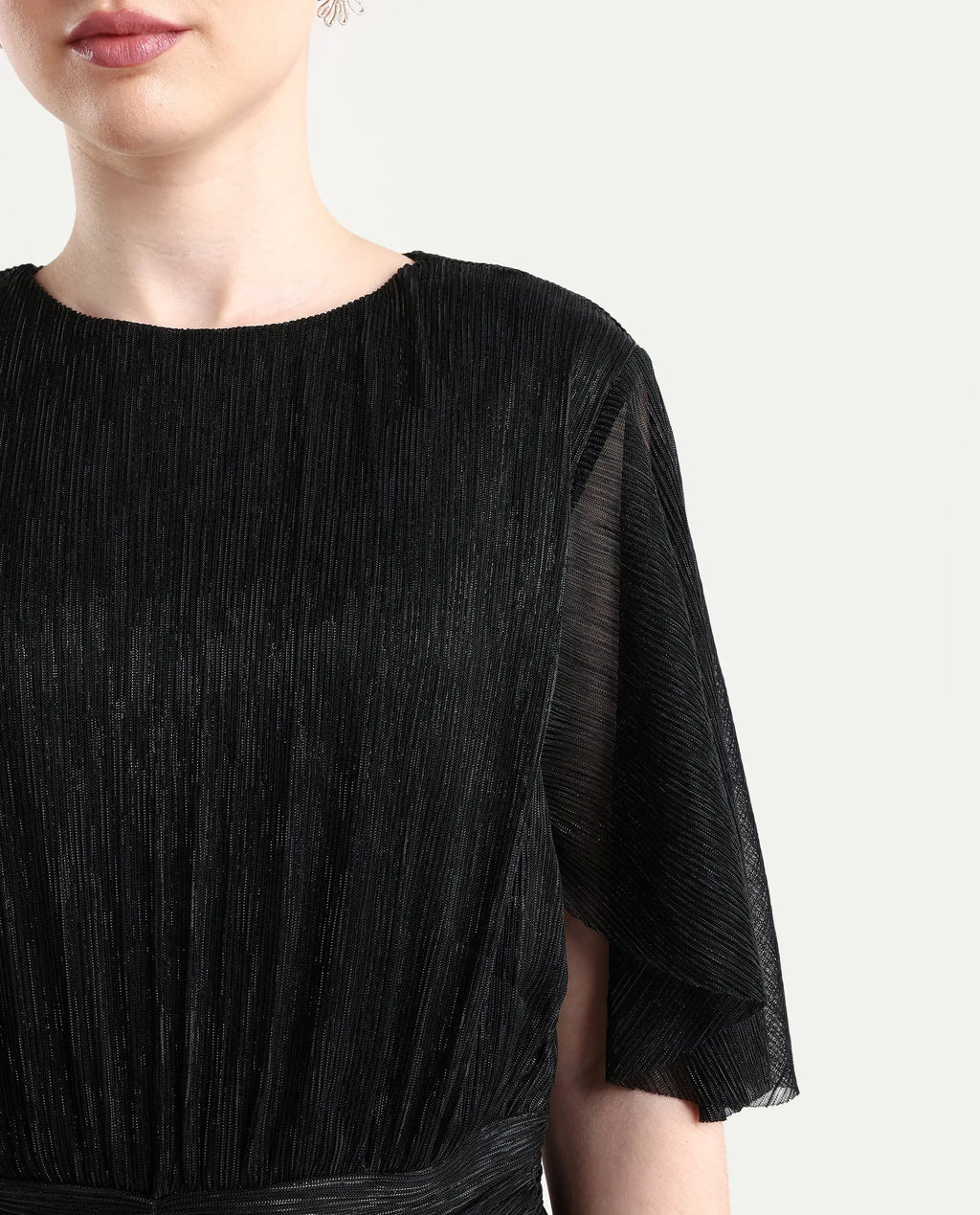 Rareism Women's Nergi Metalic Black Polyester V-Neck Shimmer Puff Sleeves Regular Fit Top