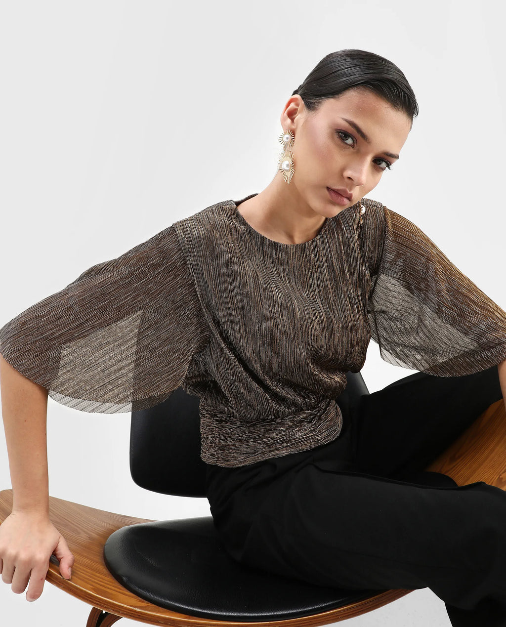 Rareism Women's Nergi Metalic Gold Polyester V-Neck Shimmer Puff Sleeves Regular Fit Top
