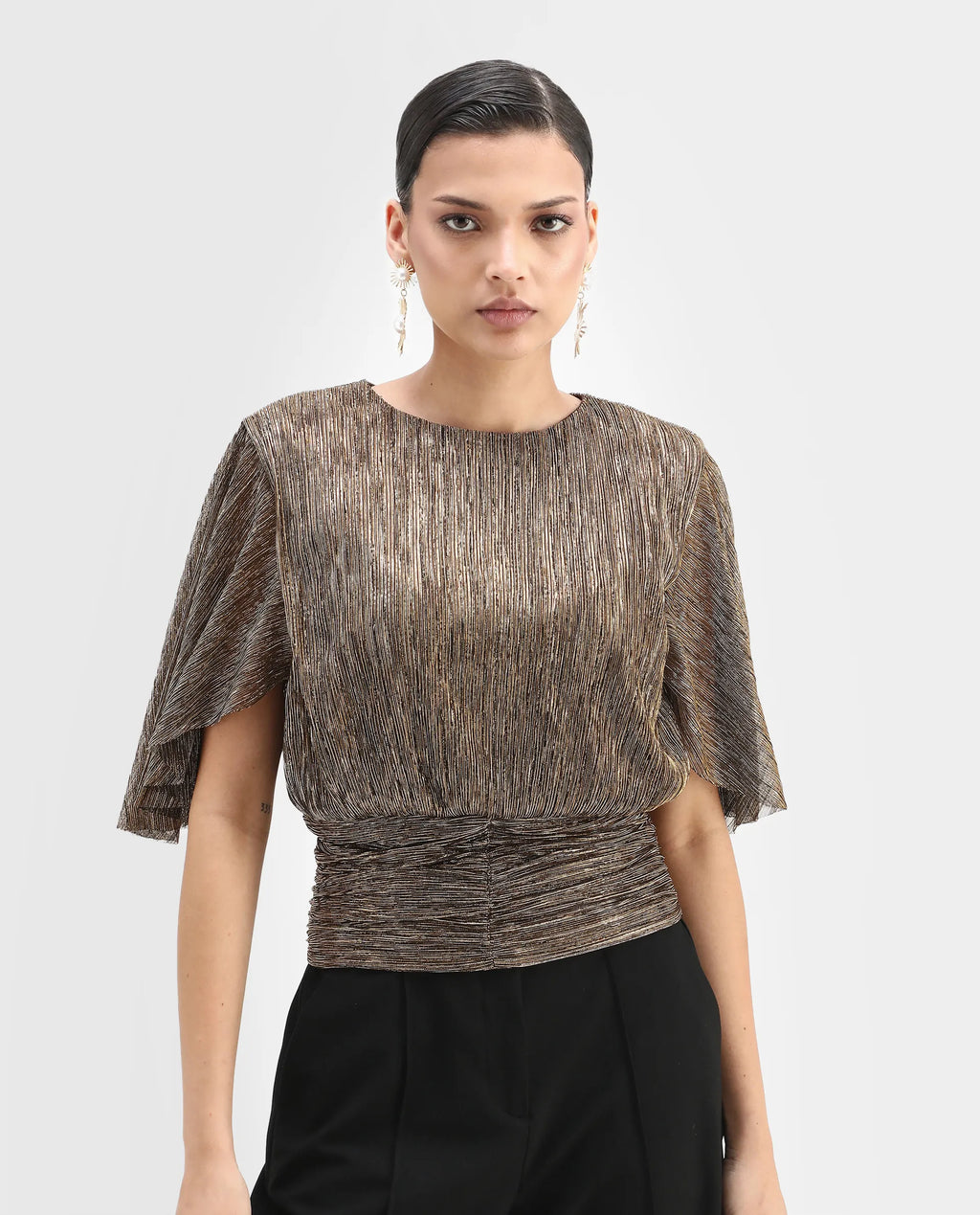 Rareism Women's Nergi Metalic Gold Polyester V-Neck Shimmer Puff Sleeves Regular Fit Top