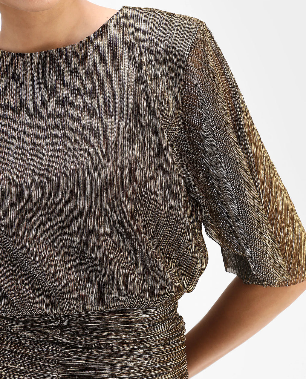 Rareism Women's Nergi Metalic Gold Polyester V-Neck Shimmer Puff Sleeves Regular Fit Top