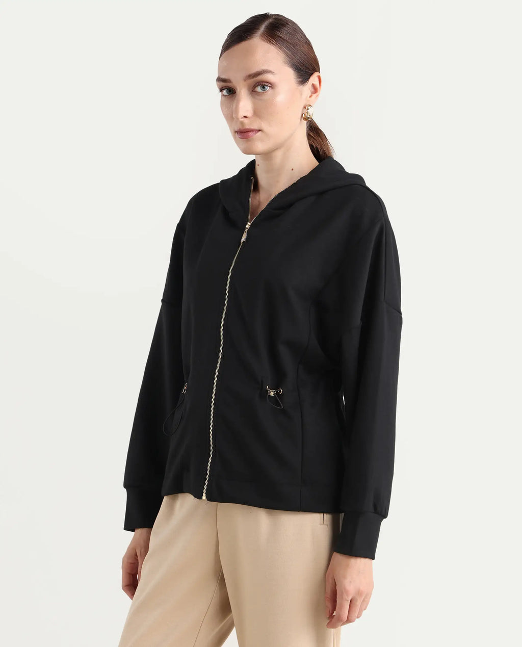 Rareism Women's Nerlo Black Modal Blend Fabric Hooded Relaxed Fit Printed Sweatshirt