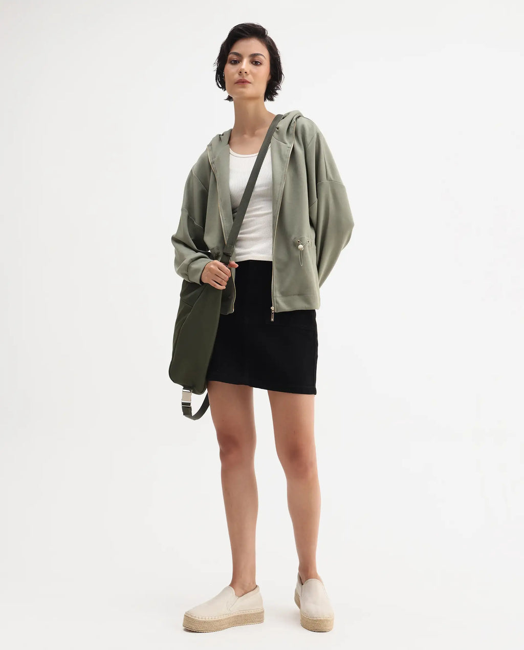 Rareism Women's Nerlo Dusky Green Modal Blend Hooded Relaxed Fit Printed Sweatshirt
