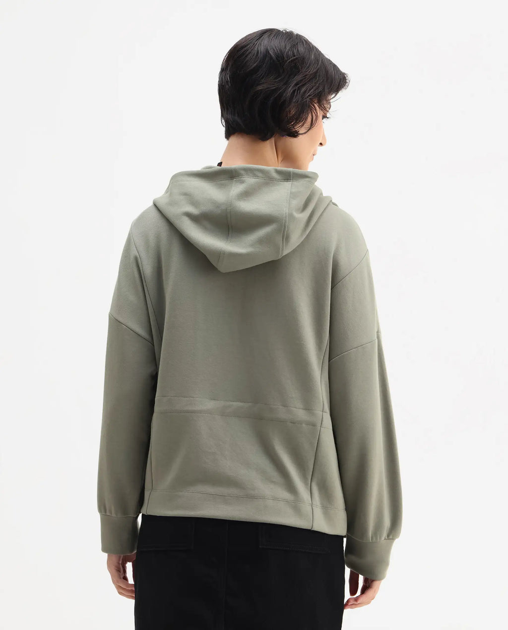 Rareism Women's Nerlo Dusky Green Modal Blend Hooded Relaxed Fit Printed Sweatshirt