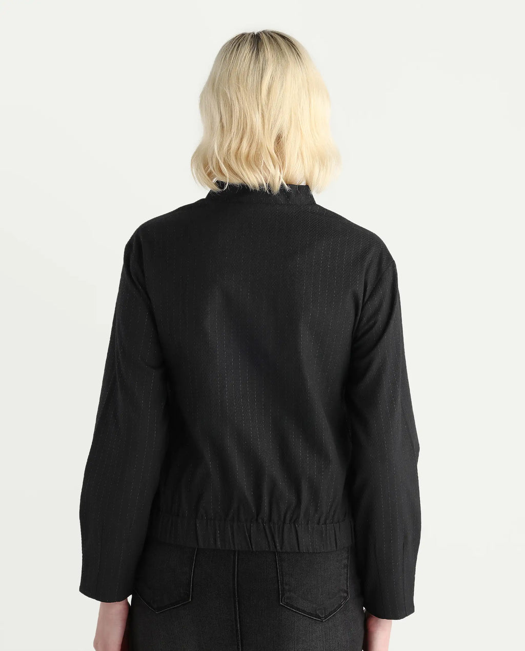 Rareism Women's Nestri Black Polyester Mandrin Collar Regular Fit Plain Jacket