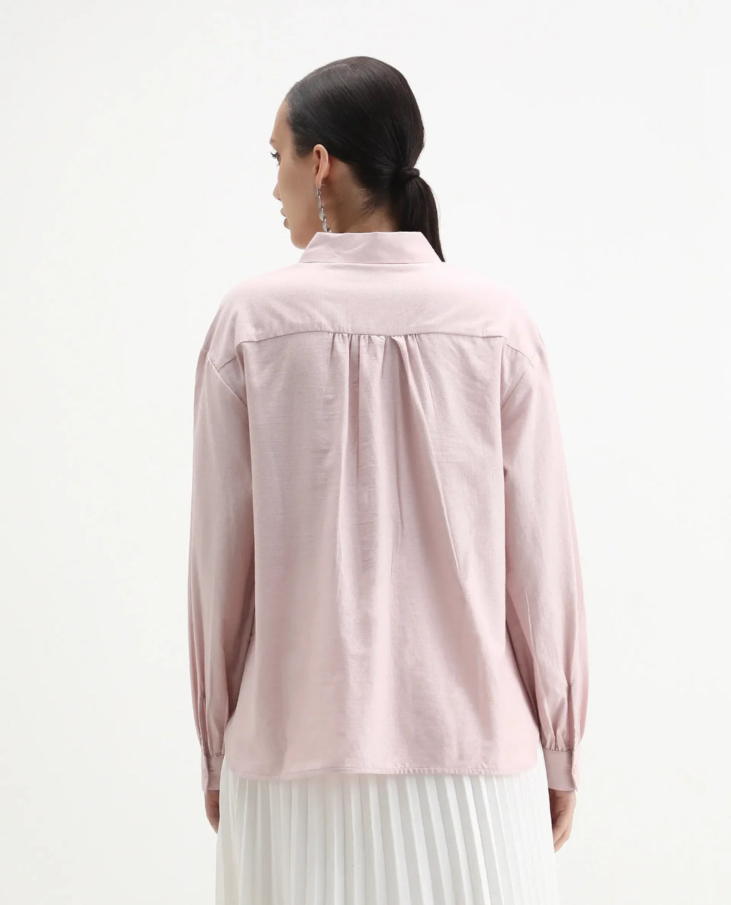 Rareism Women's Netto Pastel Pink Cotton Bishop Sleeve Collared Neck Relaxed Fit Plain Top