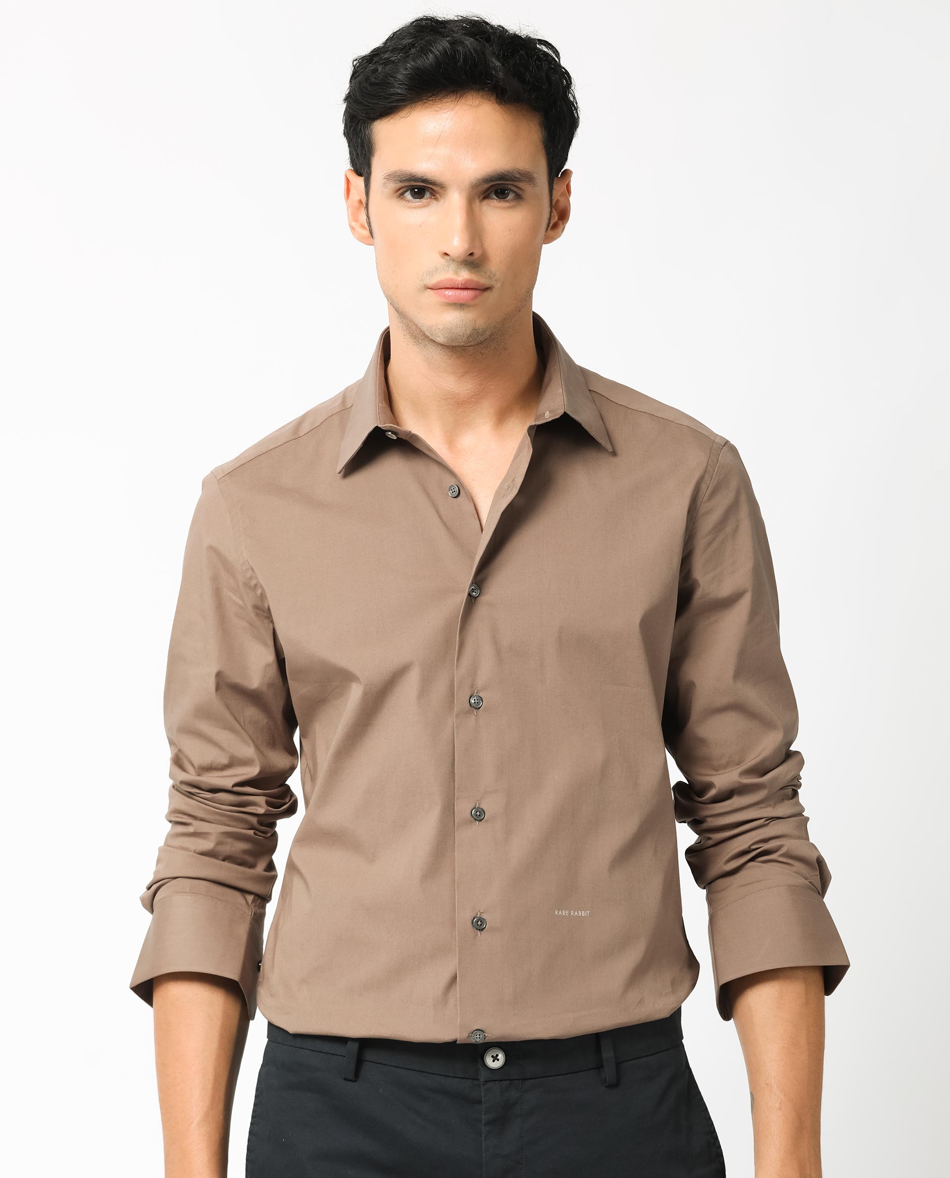 Rare Rabbit Men's Neutonss Brown Cotton Plain Regular Fit Full Sleeve Collared Shirt