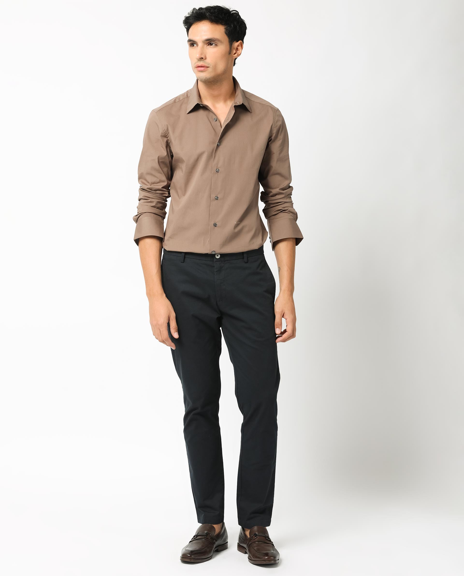 Rare Rabbit Men's Neutonss Brown Cotton Plain Regular Fit Full Sleeve Collared Shirt
