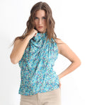 Rareism Women's Never Blue Cotton Blend High Neck Floral Print Sleeveless Tailored Top