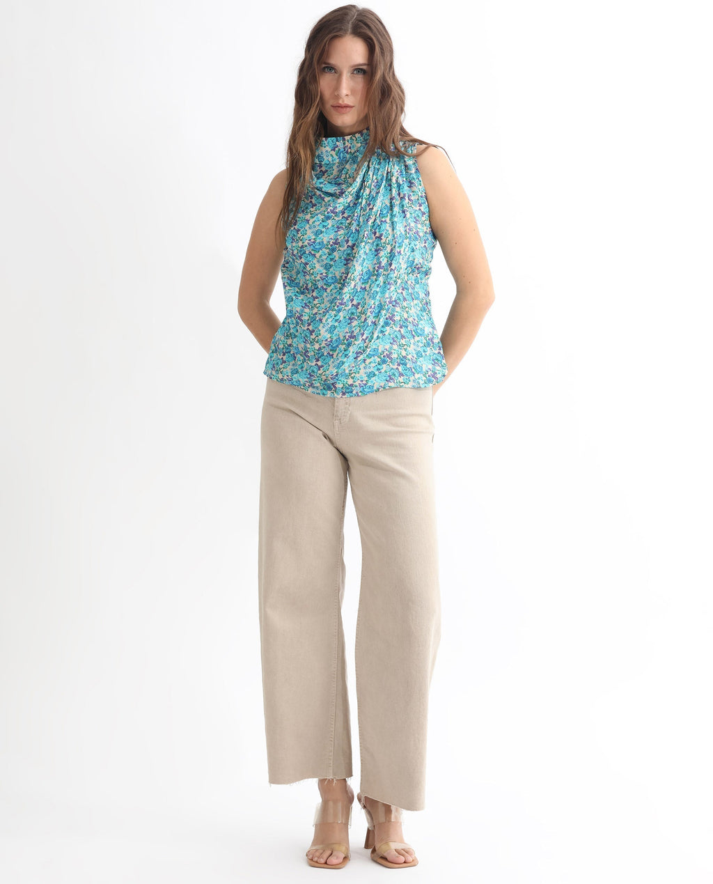Rareism Women's Never Blue Cotton Blend High Neck Floral Print Sleeveless Tailored Top