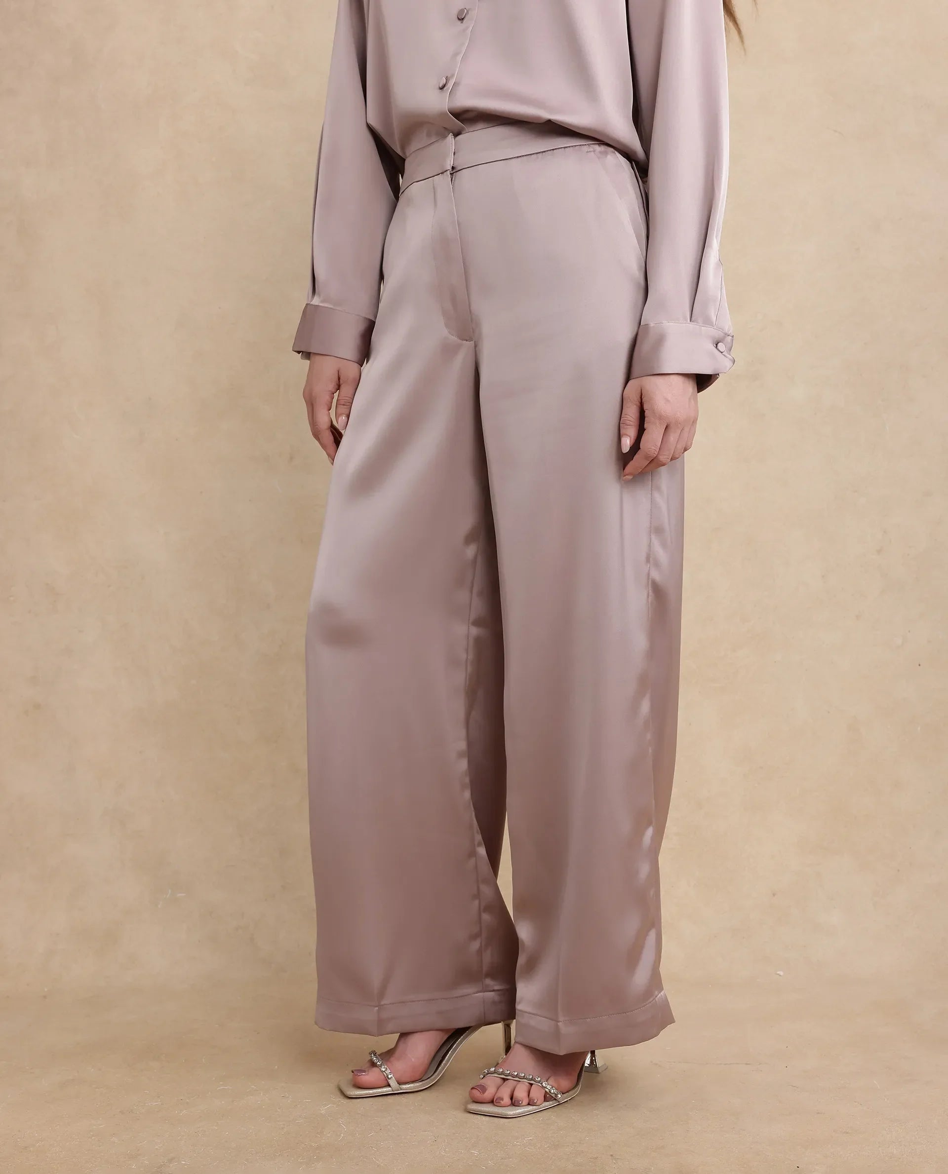 Rareism Women's Nevter B Dusky Beige Polyester Plain Ankle Length Straight Fit Trouser