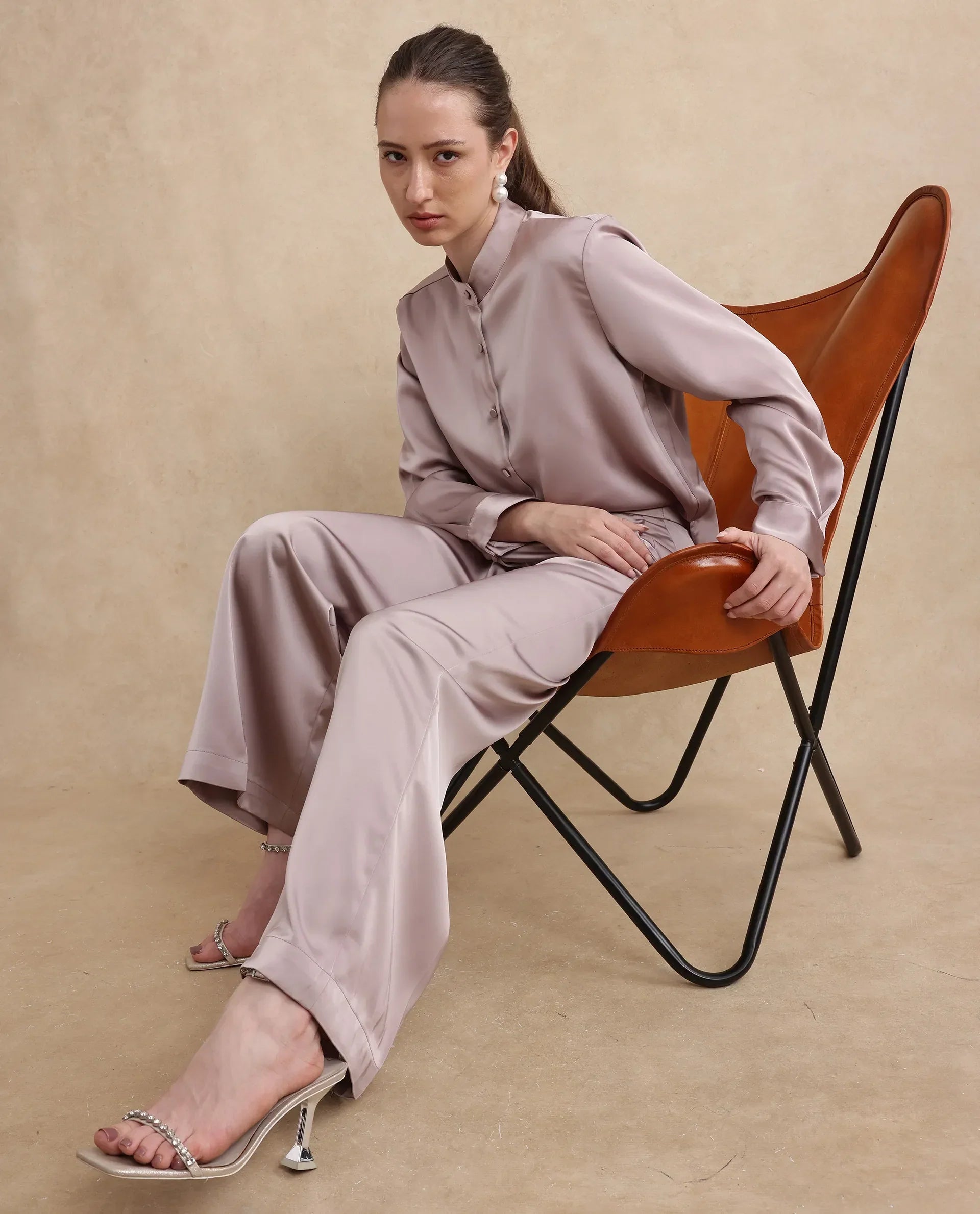 Rareism Women's Nevter B Dusky Beige Polyester Plain Ankle Length Straight Fit Trouser
