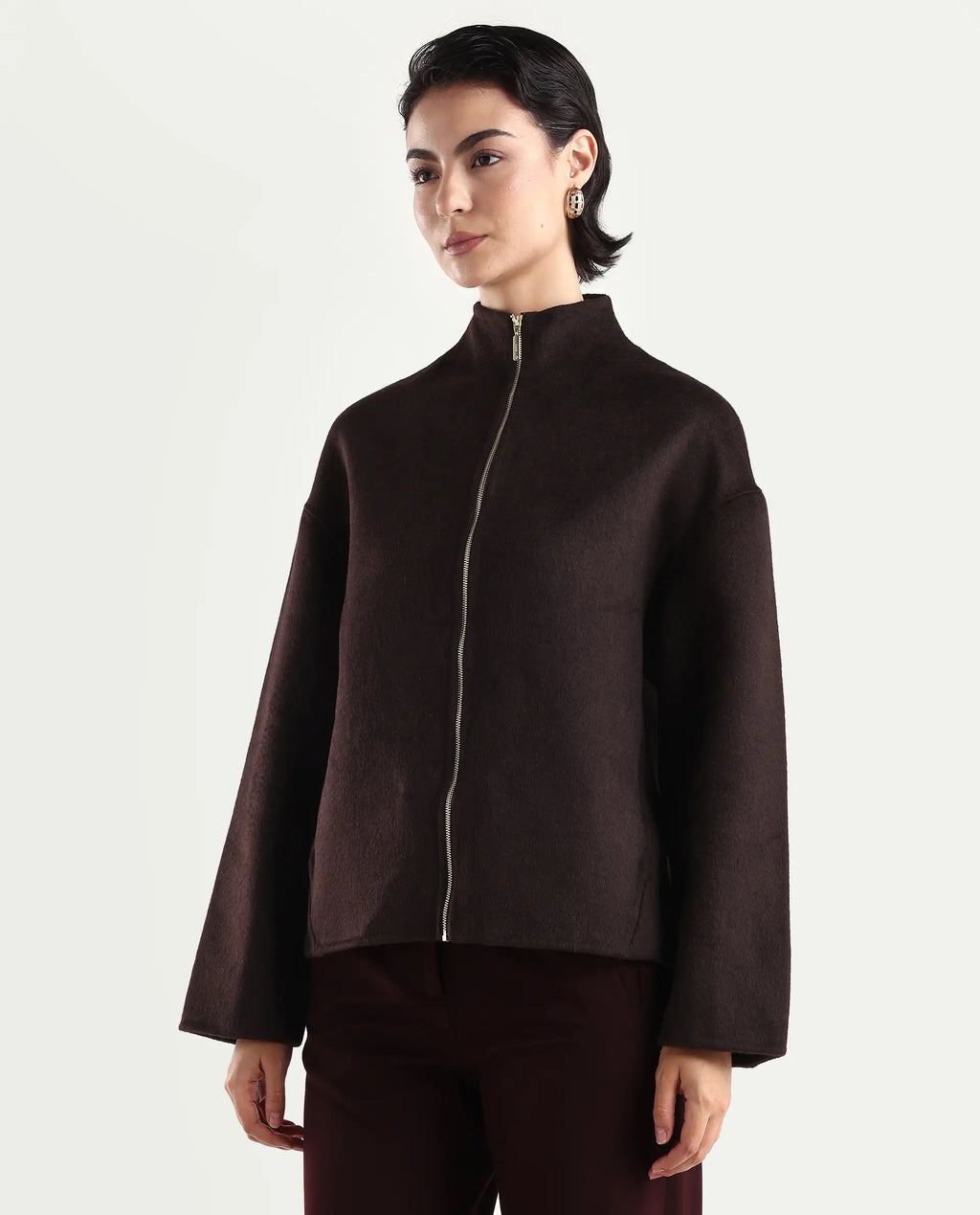 Rareism Women's Newool Prune Polyester Blend High Neck Regular Fit Jacket