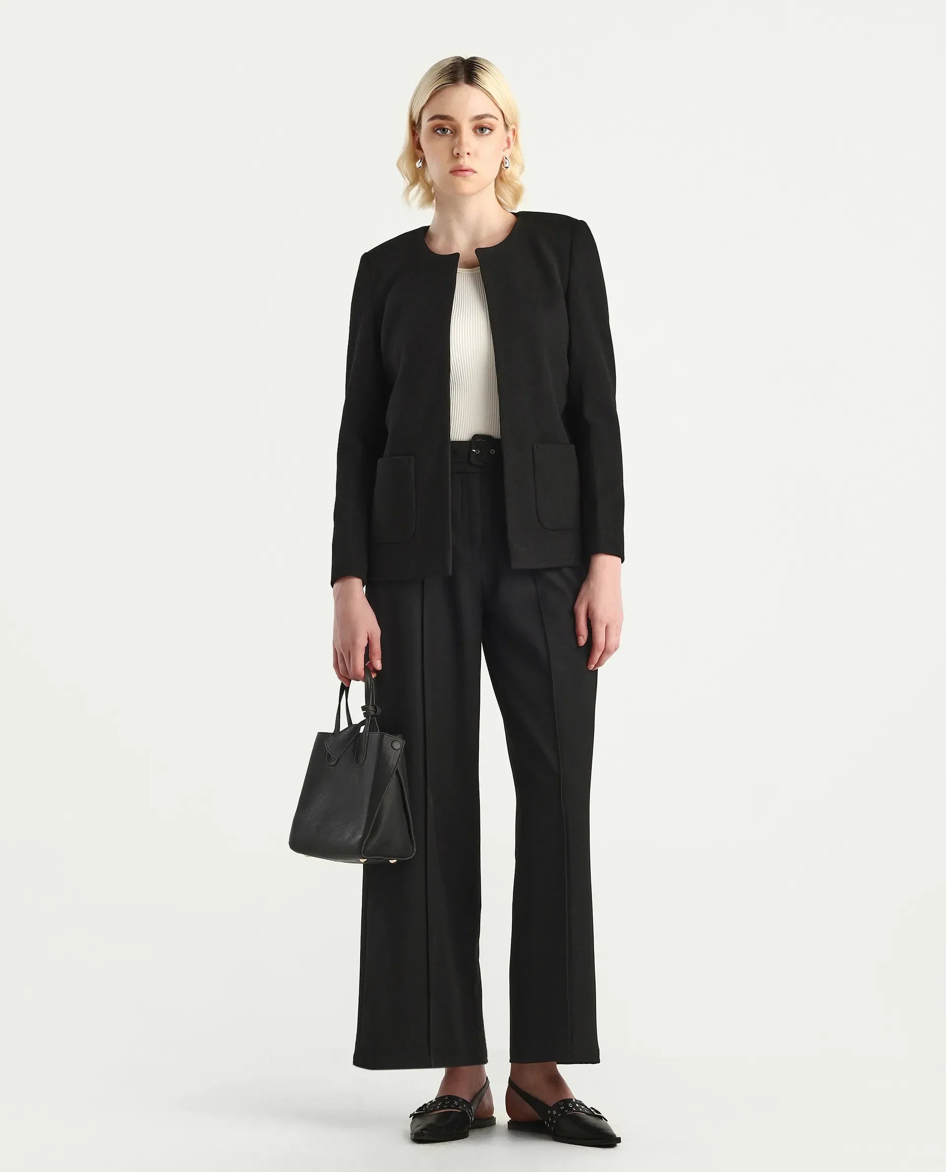Rareism Women's Nexmar Black Polyester Blend Round Plain Jacket Fit Plain Jacket