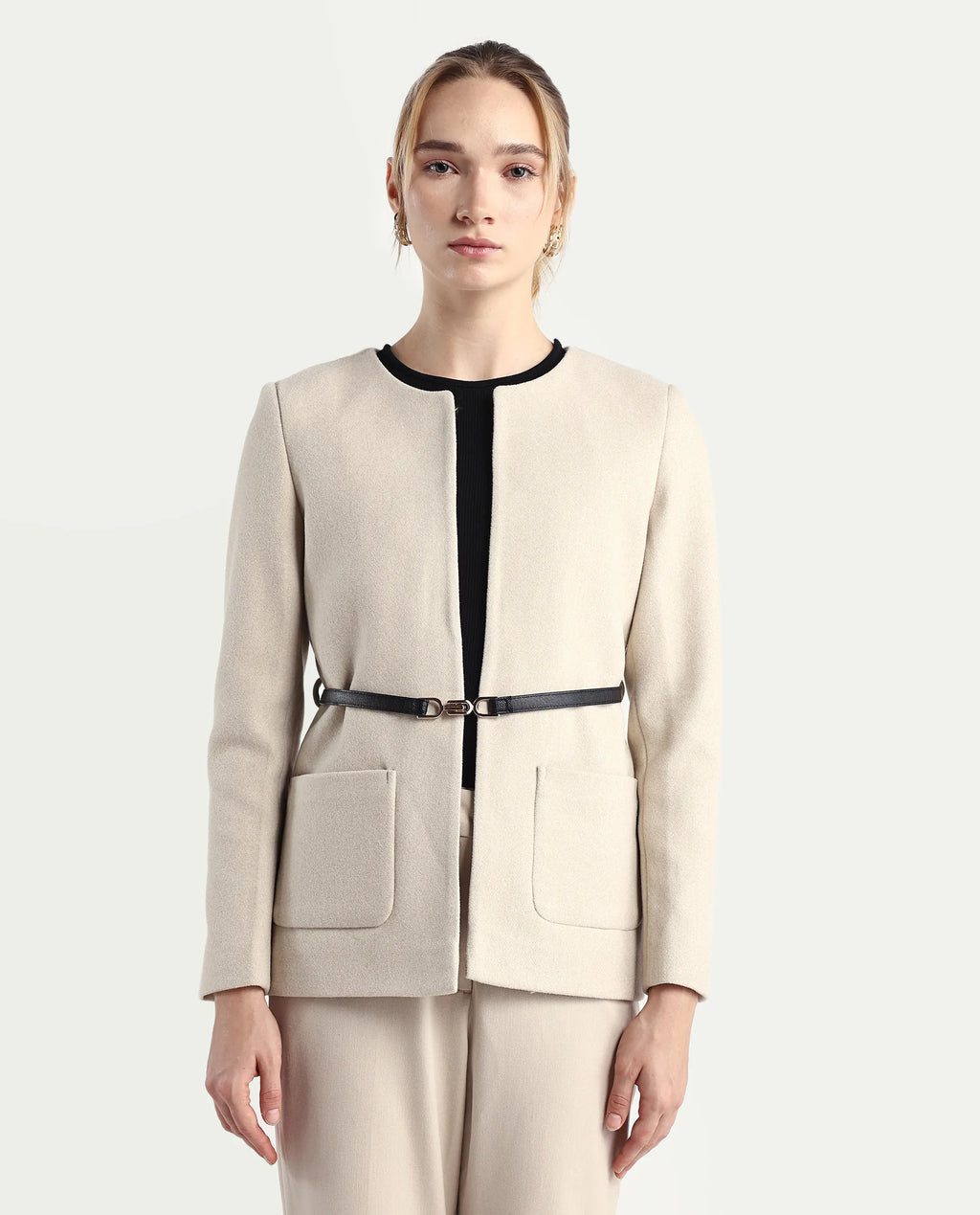 Rareism Women's Nexmar Off White Polyester Blend Jacket Plain Jacket