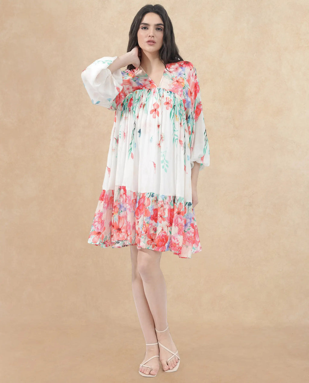 Rareism Women's Nicheo Multi Viscose V-Neck Floral Print Extended Sleeves Knee Length Flared Dress