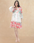 Rareism Women's Nicheo Multi Viscose V-Neck Floral Print Extended Sleeves Knee Length Flared Dress