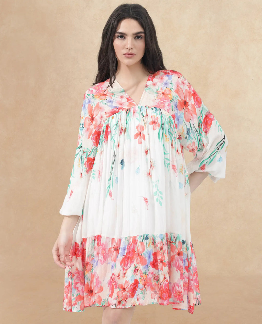 Rareism Women's Nicheo Multi Viscose V-Neck Floral Print Extended Sleeves Knee Length Flared Dress