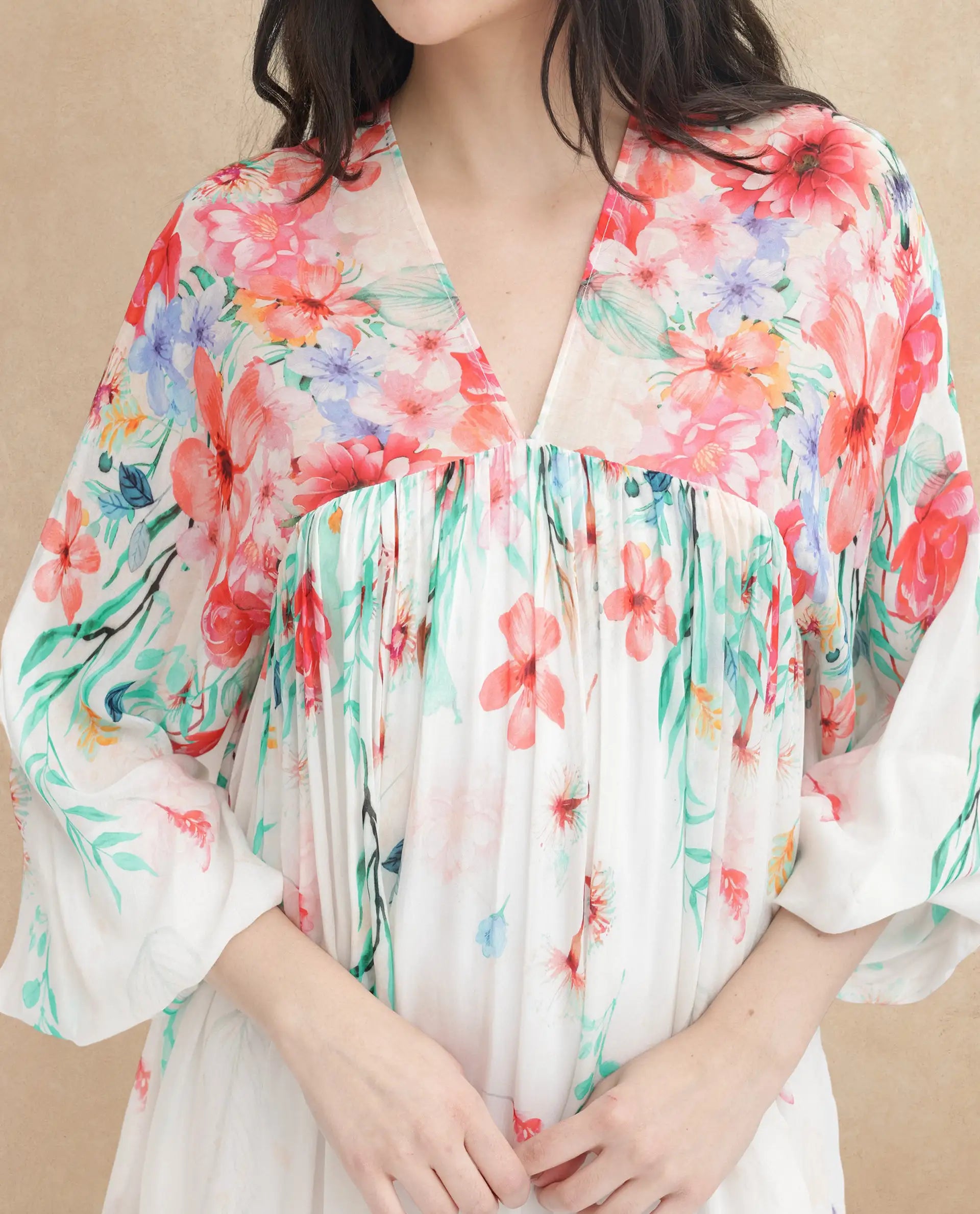 Rareism Women's Nicheo Multi Viscose V-Neck Floral Print Extended Sleeves Knee Length Flared Dress