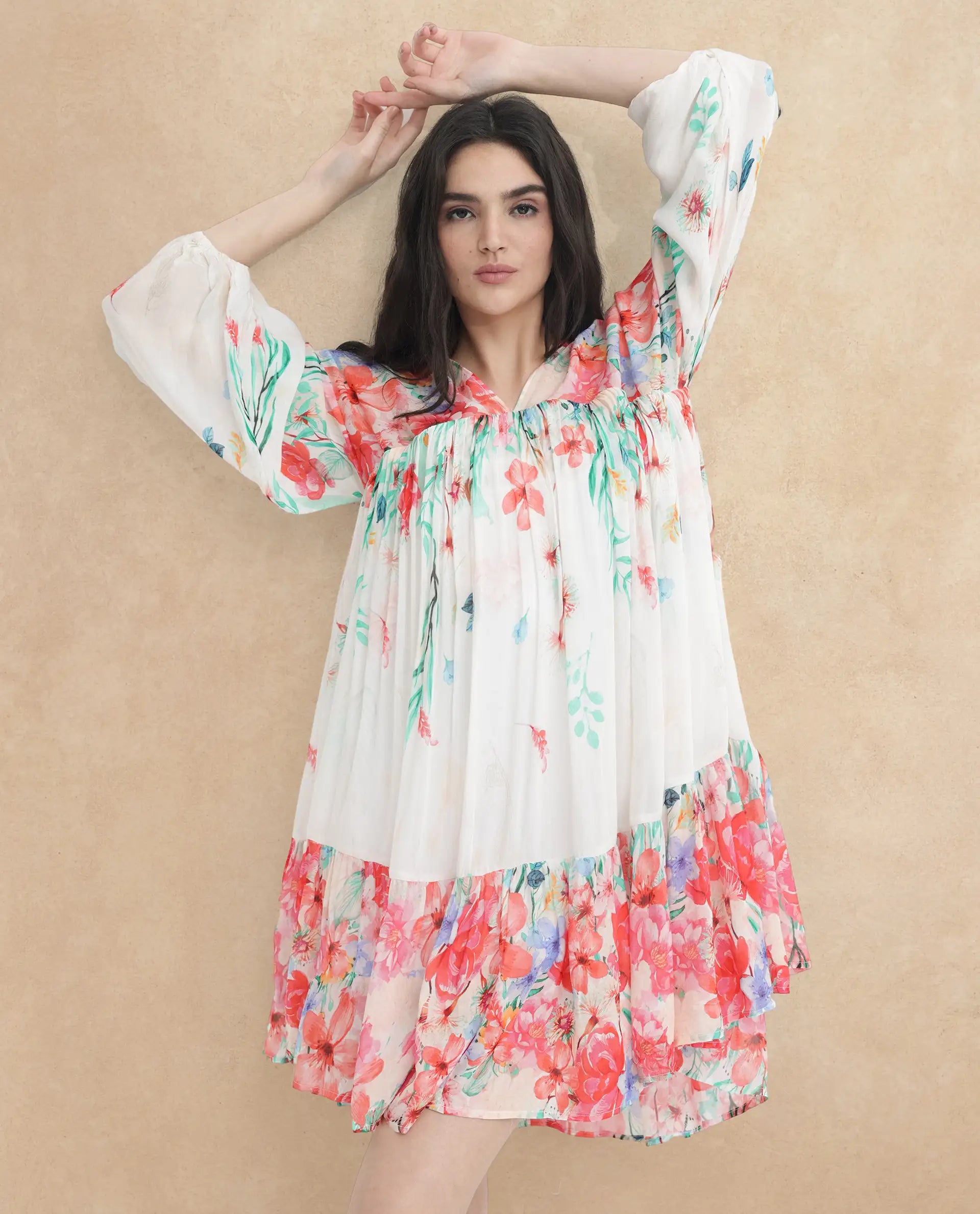 Rareism Women's Nicheo Multi Viscose V-Neck Floral Print Extended Sleeves Knee Length Flared Dress