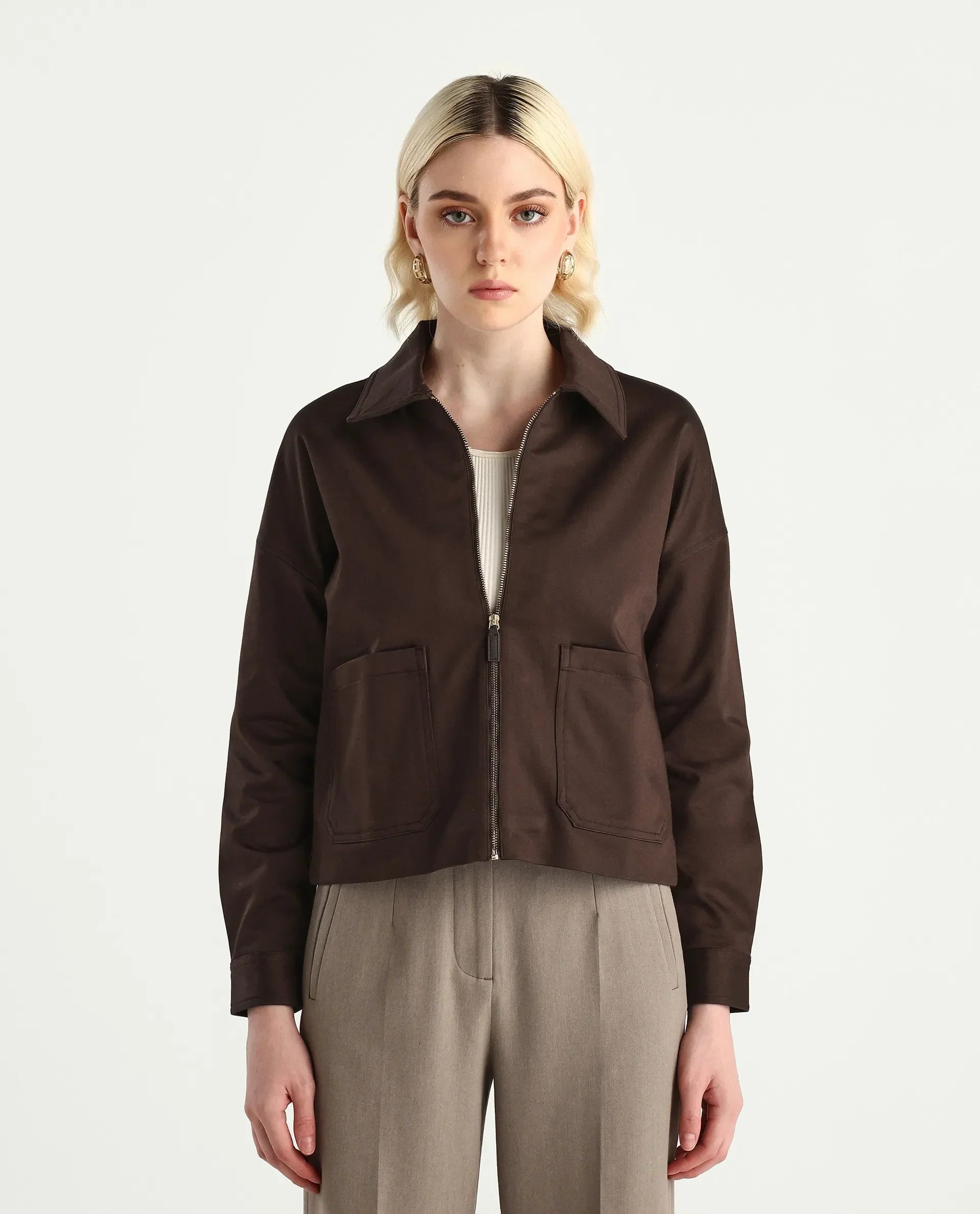 Rareism Women's Nicolin Brown Cotton Blend Spread Collar Relaxed Fit Jacket