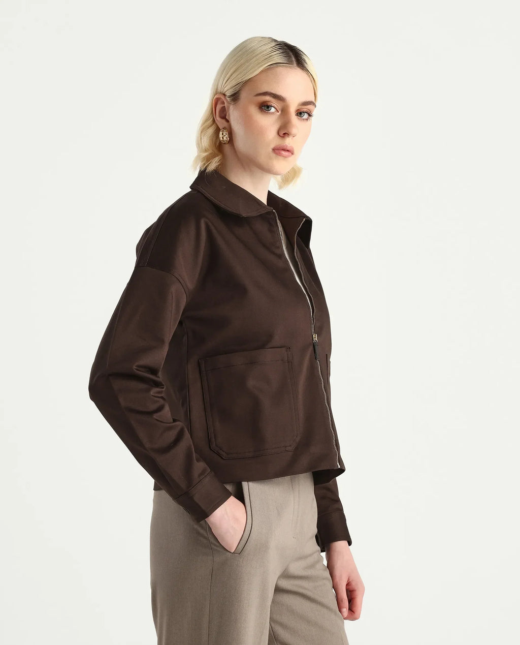 Rareism Women's Nicolin Brown Cotton Blend Spread Collar Relaxed Fit Jacket