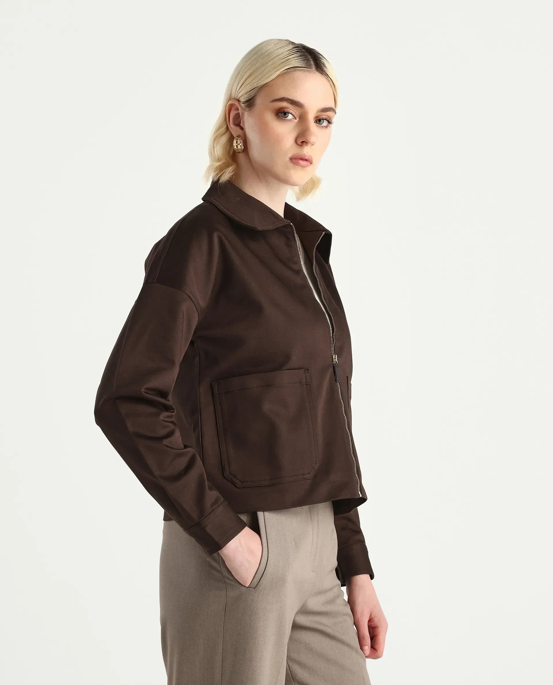 Rareism Women's Nicolin Brown Cotton Blend Spread Collar Relaxed Fit Jacket