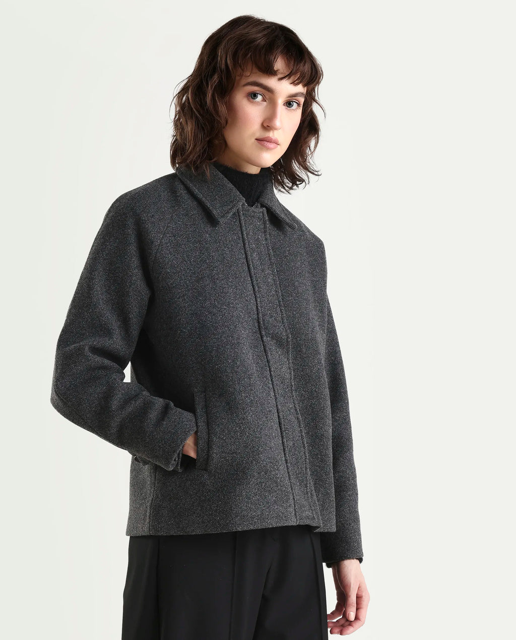 Rareism Women's Nicos Grey Polyester Blend Collared Neck Jacket Plain Jacket