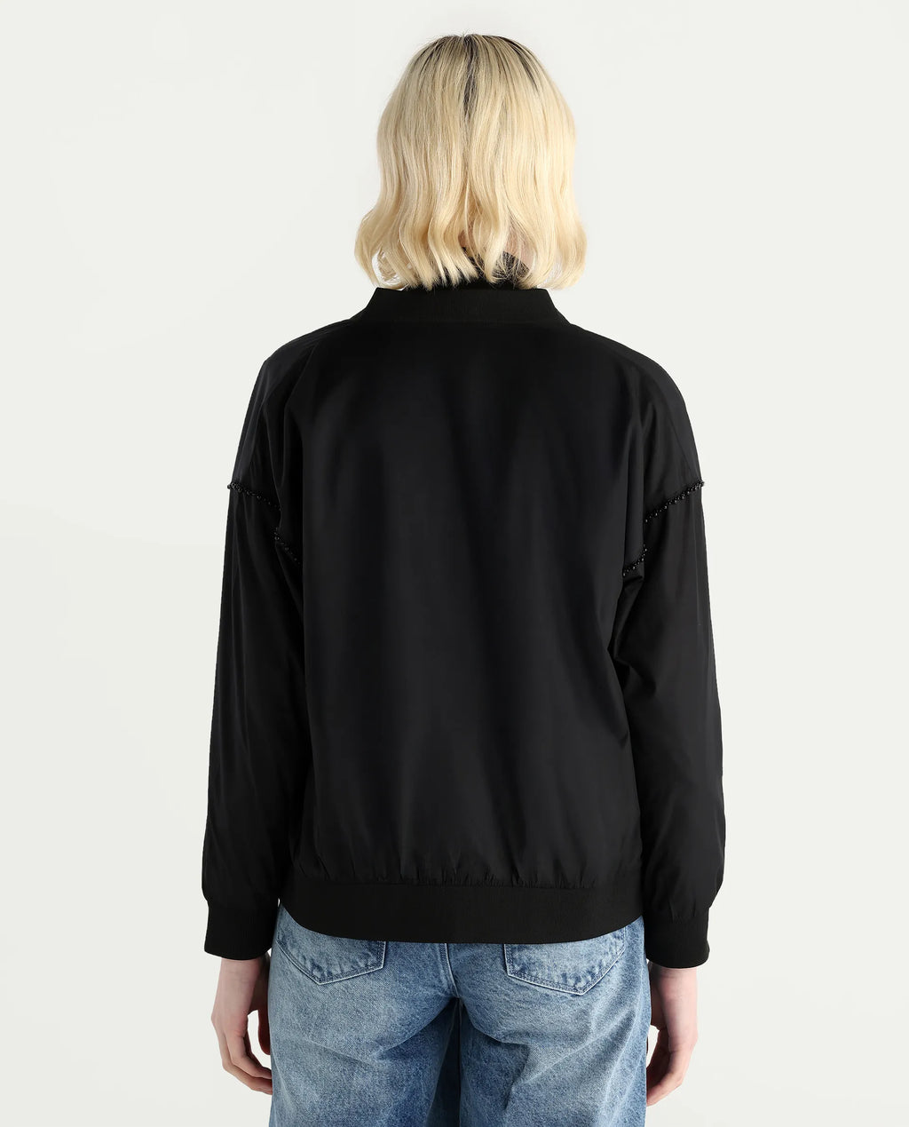 Rareism Women's Nifreen Black Polyester Rib Collar Boxy Plain Jacket