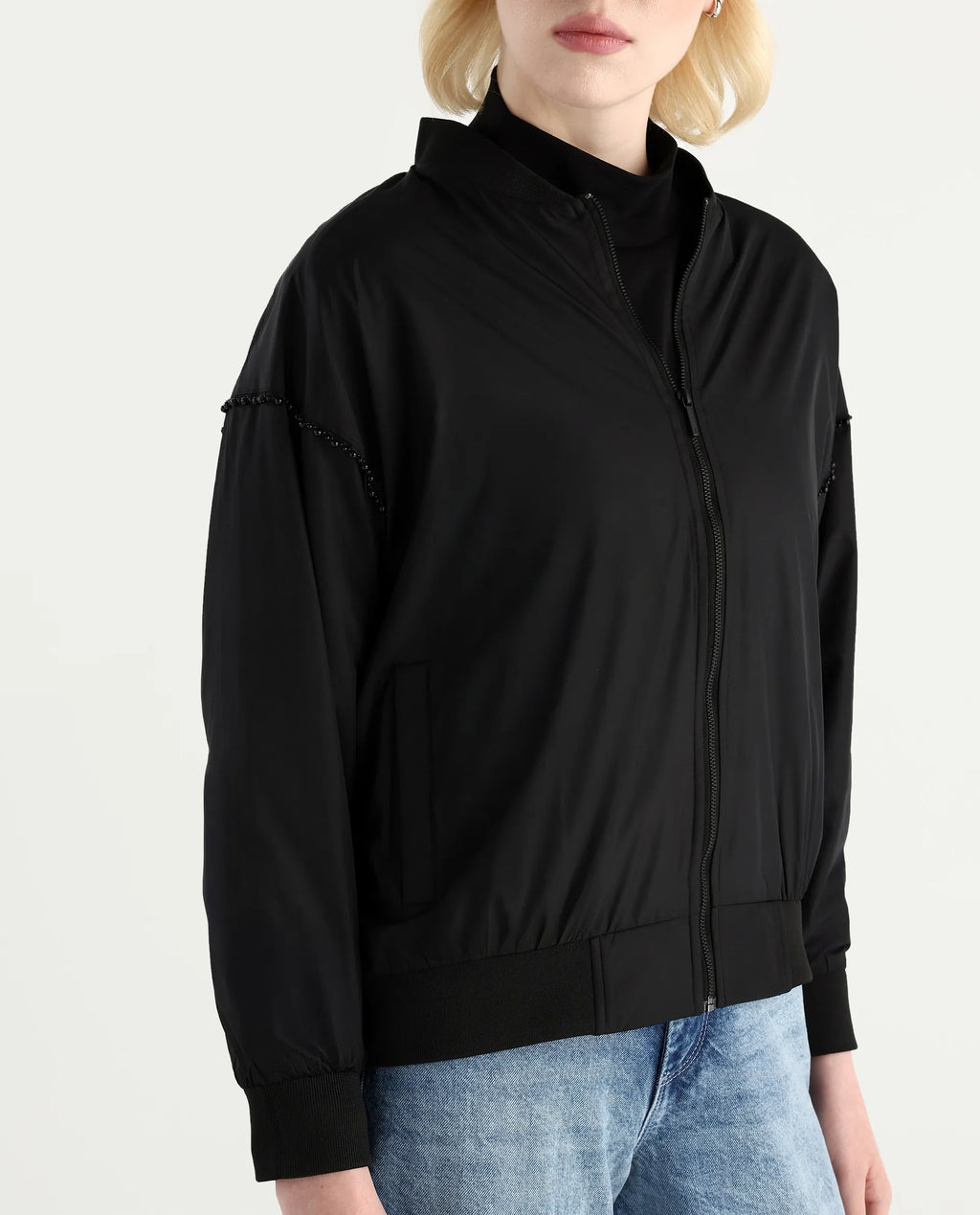 Rareism Women's Nifreen Black Polyester Rib Collar Boxy Plain Jacket