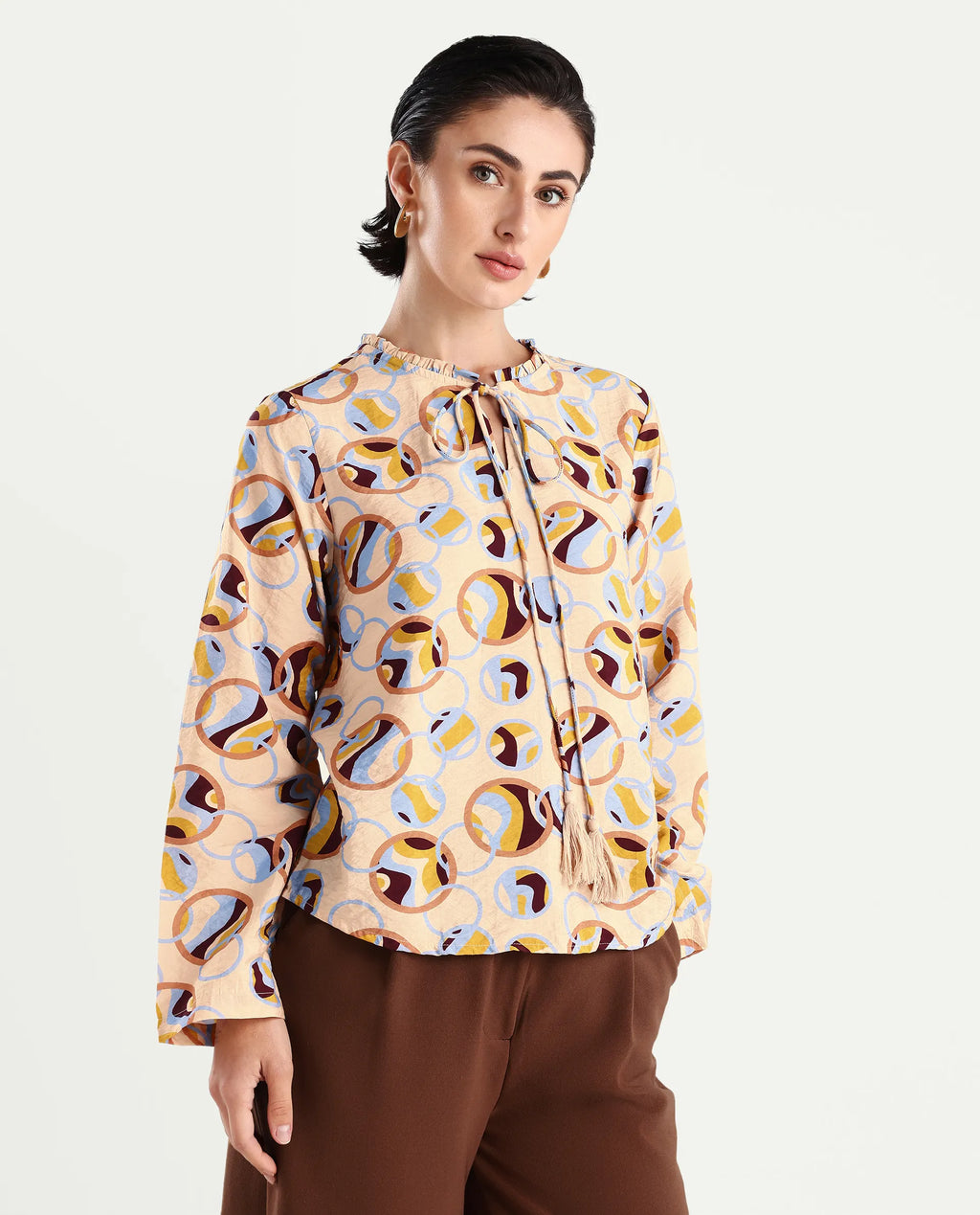 Rareism Women's Nili Multi Nylon Blend Sweetheart Neck Abstract Print Ruffled Sleeve Regular Fit Top