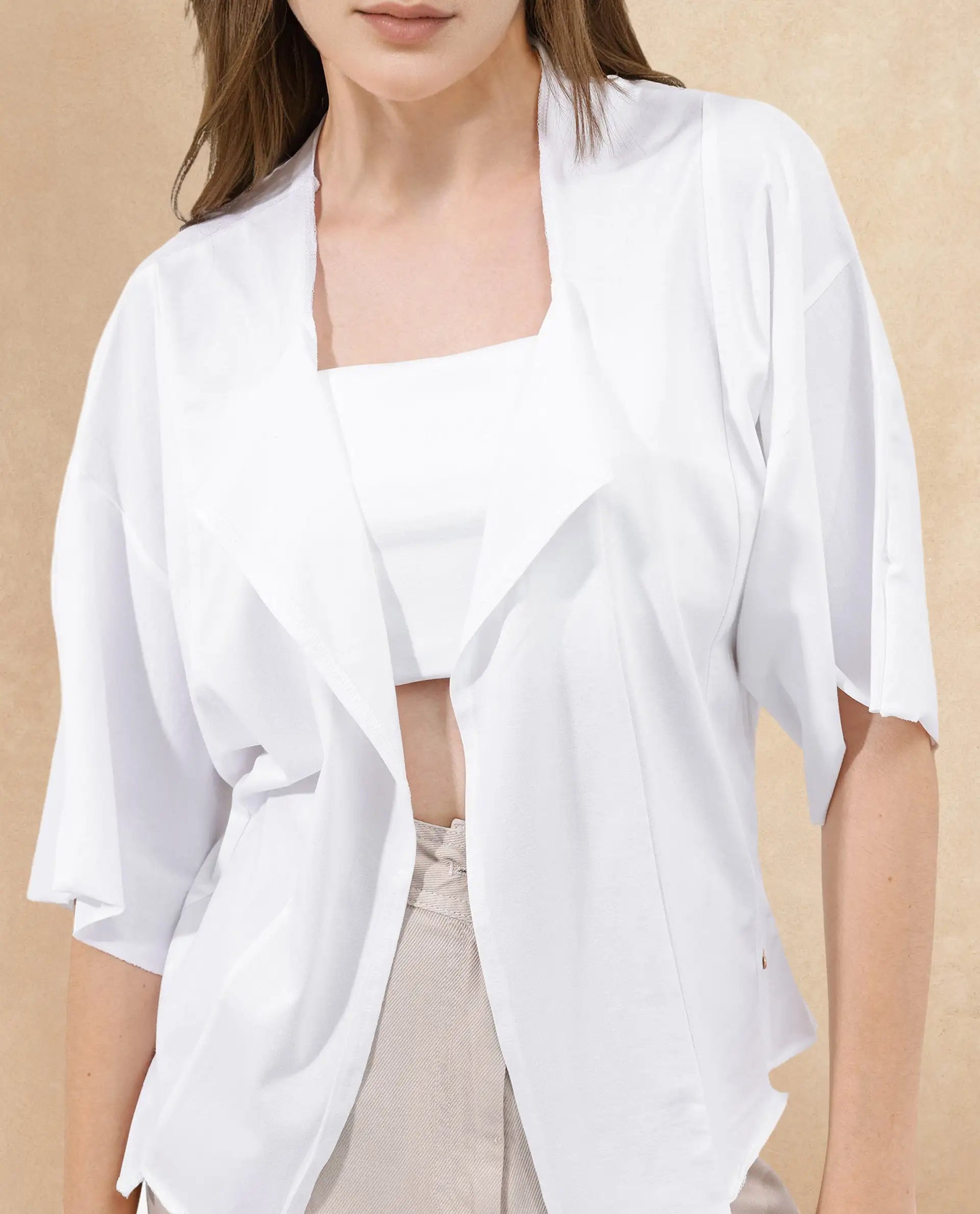 Rareism Women's Nirv White Cotton Collarless Plain Relaxed Fit Shrug
