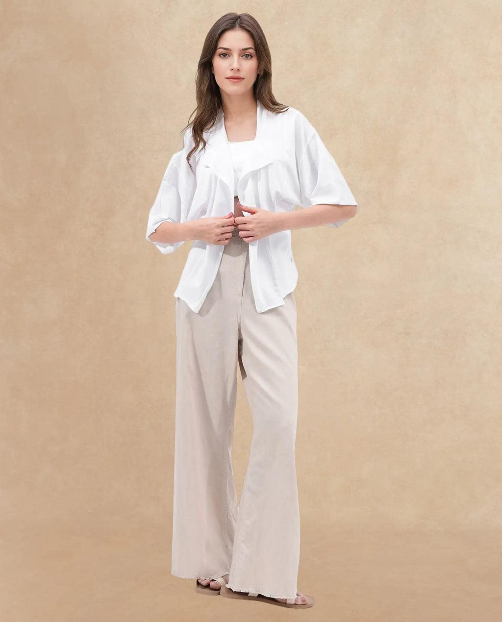 Rareism Women's Nirv White Cotton Collarless Plain Relaxed Fit Shrug