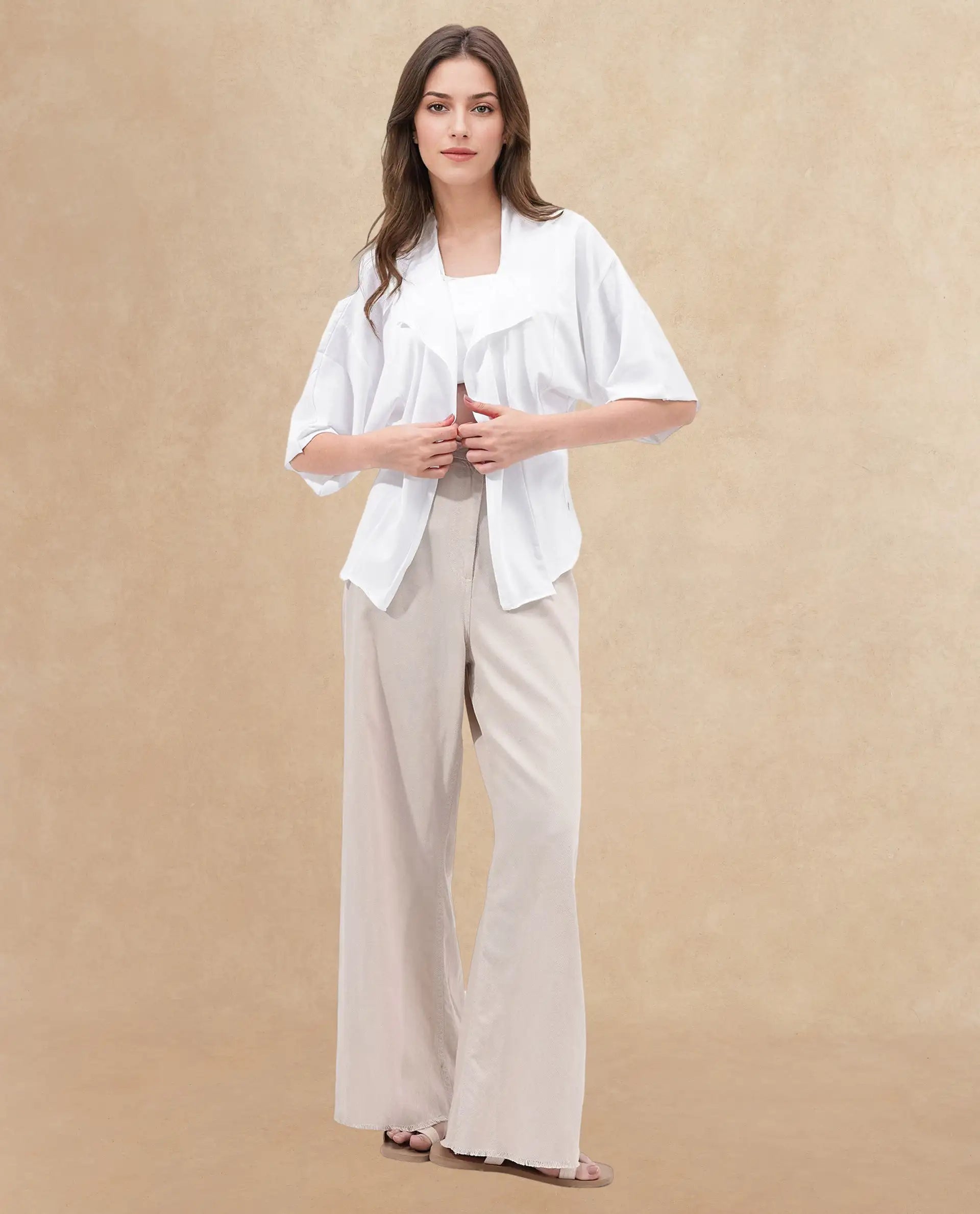 Rareism Women's Nirv White Cotton Collarless Plain Relaxed Fit Shrug