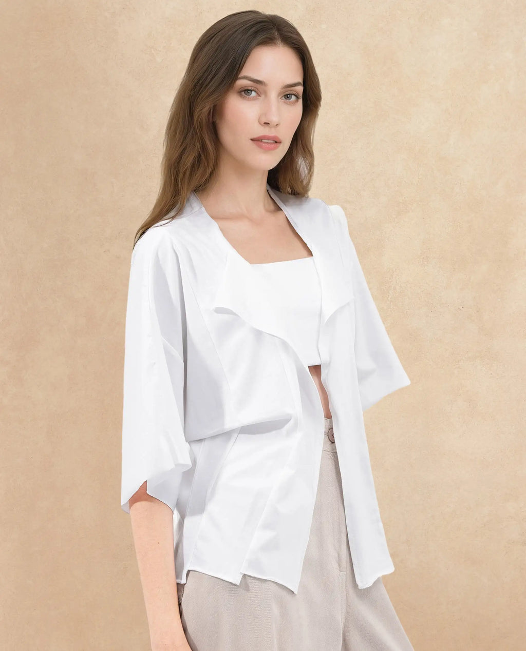 Rareism Women's Nirv White Cotton Collarless Plain Relaxed Fit Shrug