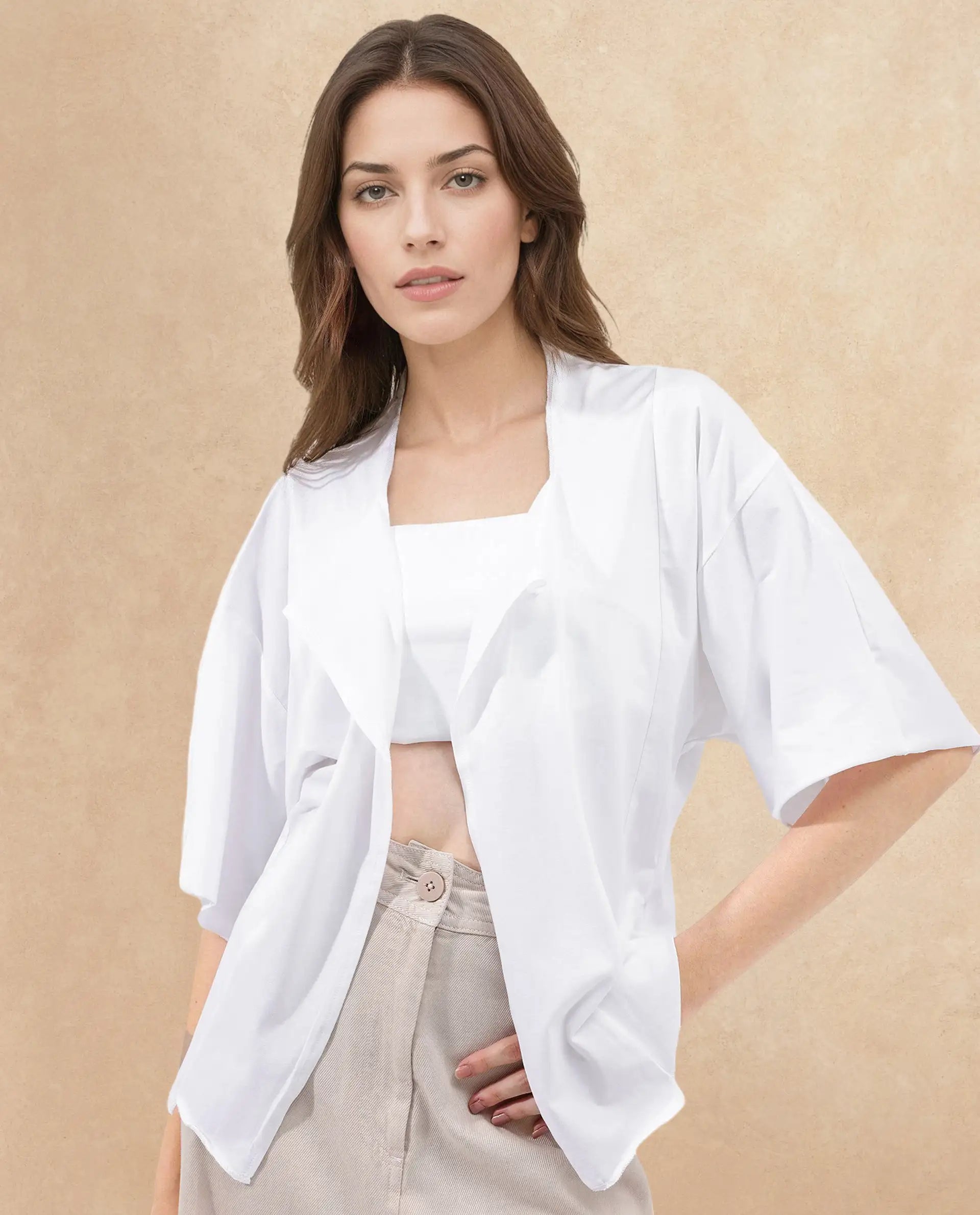 Rareism Women's Nirv White Cotton Collarless Plain Relaxed Fit Shrug