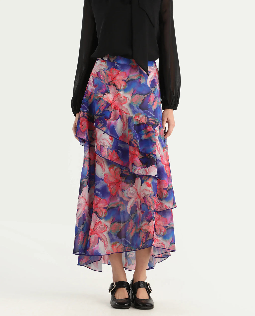Rareism Women's Nitane Purple Polyester Floral Print Maxi Flared Skirt