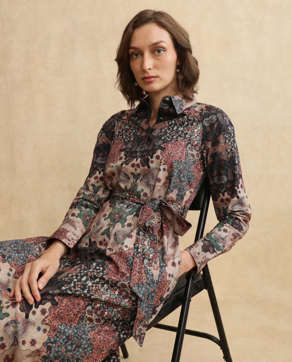 Rareism Women's Nitew Dark Multi Cotton Blend Drop Collar Abstract Print Raglan Sleeve Midi Straight Fit Dress